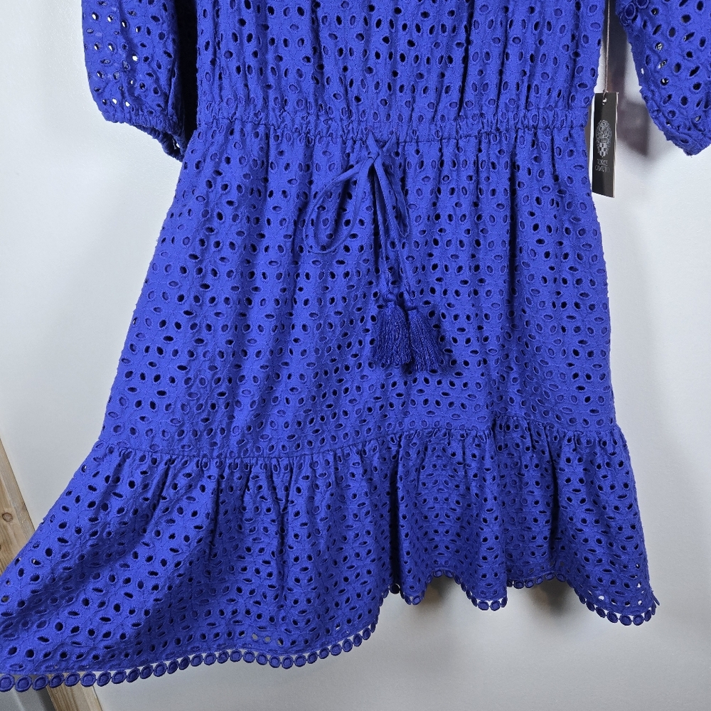NEW Vince Camuto Blue Eyelet Fit & Flare Cotton Tassle Waist Midi Dress Size 6 - Picture 12 of 14